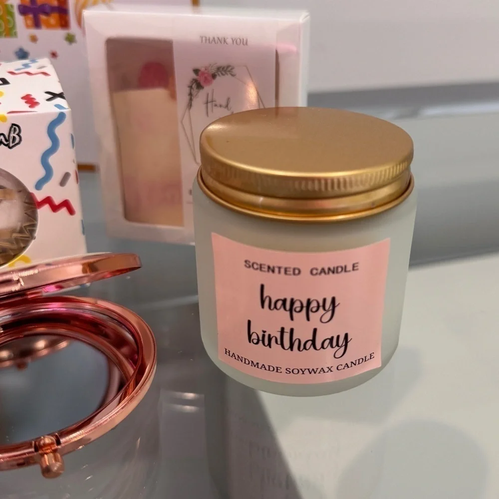 Happy Birthday Gift Set Soy Candle Travel Mug Bath Bomb Soap Mirror